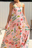 Vacation Fruit Print Letters Contrast Square Neck Sling Dresses