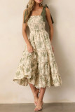 Elegant Floral Print Lace Up Flounce Sling Dresses