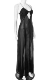 Sexy Solid Color See-Through Strap Design V Neck Irregular Dresses