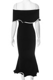Sexy Solid Color Patchwork Flounce Contrast Off Shoulder One Step Skirt Dresses