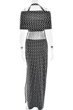 Elegant Polka Dot Backless Contrast Halter One Step Skirt Dresses