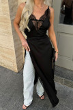 Sexy Solid Color Lace Slit Adjustable V Neck Sling Dresses