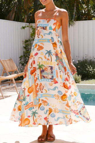 Vacation Landscape printing Contrast Square Neck Printed Dresses