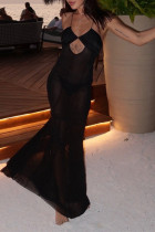 Sexy Solid Color See-Through Strap Design V Neck Irregular Dresses