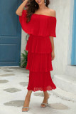 Elegant Solid Color Flounce Off Shoulder Cake Skirt Dresses