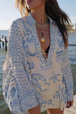 Casual Graffiti Print Tassel Contrast V Neck Long Sleeve Two Pieces