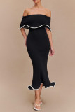 Sexy Solid Color Patchwork Flounce Contrast Off Shoulder One Step Skirt Dresses