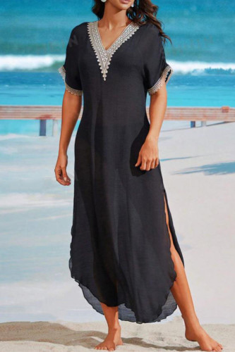 Casual Solid Color Lace Slit V Neck Short Sleeve Short Sleeve Dress