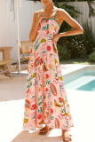 Vacation Fruit Print Letters Contrast Square Neck Sling Dresses