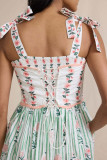 Elegant Floral Print Pocket Lace Up Strap Design Square Neck Sling Dresses