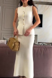Elegant Solid Color Buttons O Neck Sleeveless Two Pieces