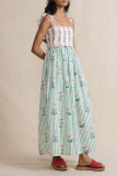 Elegant Floral Print Pocket Lace Up Strap Design Square Neck Sling Dresses