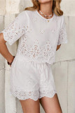 Casual Solid Color Hollow Out O Neck Short Sleeve Two Pieces