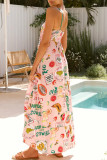Vacation Fruit Print Letters Contrast Square Neck Sling Dresses