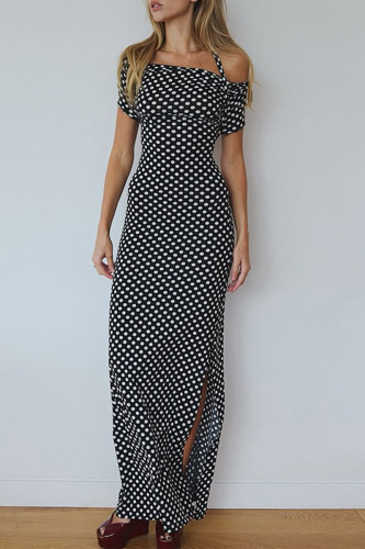 Elegant Polka Dot Backless Contrast Halter One Step Skirt Dresses