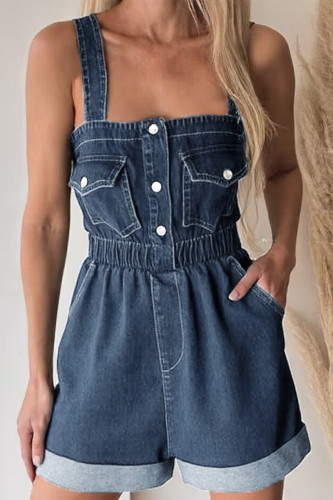 Casual Solid Color Pocket Square Neck Rompers