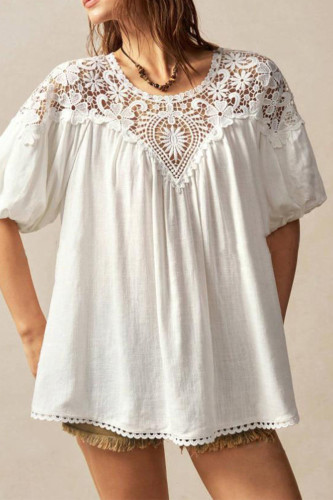 Casual Solid Color Lace O Neck Tops