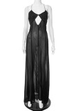 Sexy Solid Color See-Through Strap Design V Neck Irregular Dresses