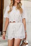 Casual Solid Color Hollow Out O Neck Short Sleeve Two Pieces