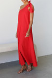 Daily Solid Color Lace Up Irregular Sloping Shoulder Irregular Dresses