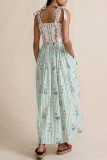 Elegant Floral Print Pocket Lace Up Strap Design Square Neck Sling Dresses