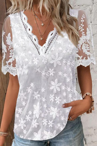 Casual Solid Color Embroidery V Neck T-Shirts