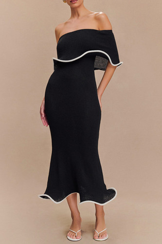 Sexy Solid Color Patchwork Flounce Contrast Off Shoulder One Step Skirt Dresses