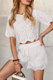 Casual Solid Color Hollow Out O Neck Short Sleeve Two Pieces