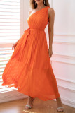 Prom Solid Color Lace Up Pleated Sloping Shoulder Waist Skirt Dresses