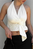 Sexy Solid Color Backless Ruched Halter Tops