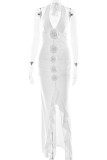 Sexy Flowers Backless Slit Ruched Halter Wrapped Skirt Dresses