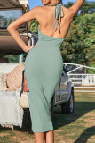 Sexy Solid Color Draw String Lace Up Backless Halter Wrapped Skirt Dresses
