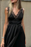 Sexy Solid Color Lace Slit Adjustable V Neck Sling Dresses