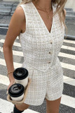 Celebrities Plaid Buttons Patchwork Weave V Neck Sleeveless Two Pieces