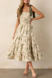 Elegant Floral Print Lace Up Flounce Sling Dresses