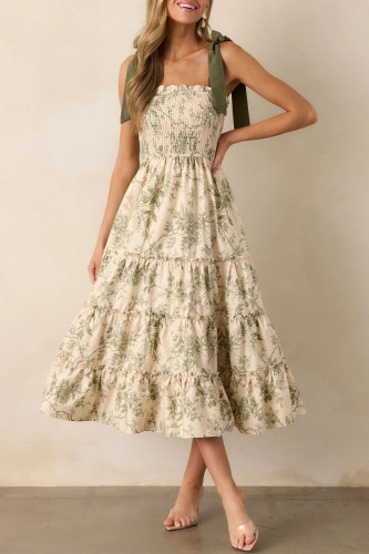 Elegant Floral Print Lace Up Flounce Sling Dresses