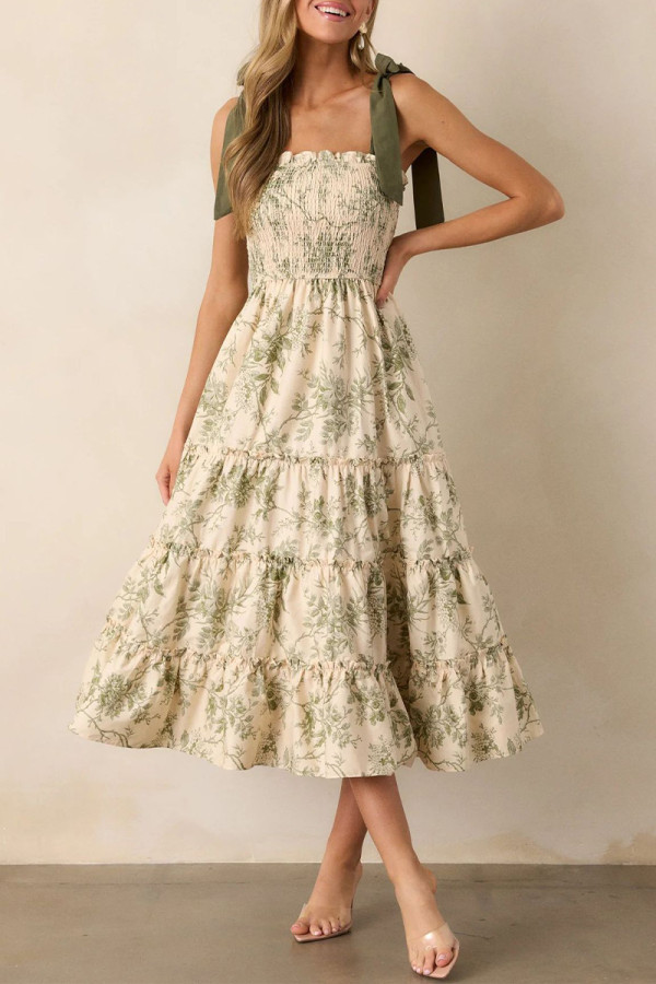 Elegant Floral Print Lace Up Flounce Sling Dresses