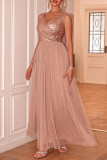 Prom Solid Color Sequins Backless Mesh V Neck Evening Dresses