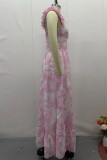 Elegant Floral Print Flounce V Neck Sling Dresses(No belt)