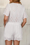 Casual Solid Color Hollow Out O Neck Short Sleeve Two Pieces