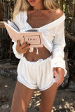 Sexy Solid Color Lace Up V Neck Long Sleeve Two Pieces