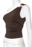 Sexy Solid Color Metal Accessories Trim Irregular Sloping Shoulder Tops