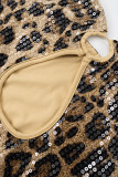 Sexy Leopard Hollow Out Sequins Patchwork Strapless Wrapped Skirt Dresses