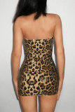 Sexy Leopard Hollow Out Sequins Patchwork Strapless Wrapped Skirt Dresses