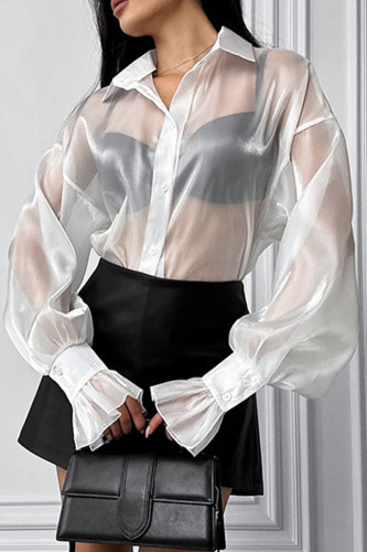 Sexy Solid Color Buttons See-Through Mesh Turndown Collar Tops