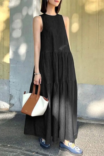 Casual Solid Color Pocket Patchwork O Neck Sleeveless Dresses