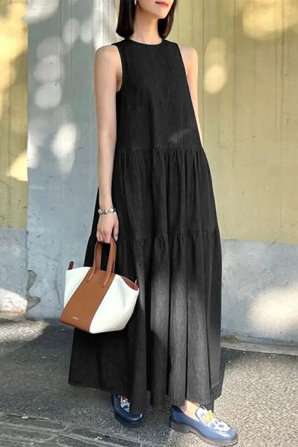 Casual Solid Color Pocket Patchwork O Neck Sleeveless Dresses