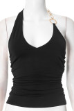 Sexy Solid Color Metal Accessories Trim Backless Halter Tops