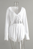 Sexy Solid Color Lace Up V Neck Long Sleeve Two Pieces