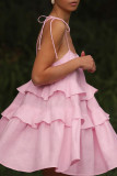 Sexy Solid Color Lace Up Flounce U Neck Cake Skirt Dresses